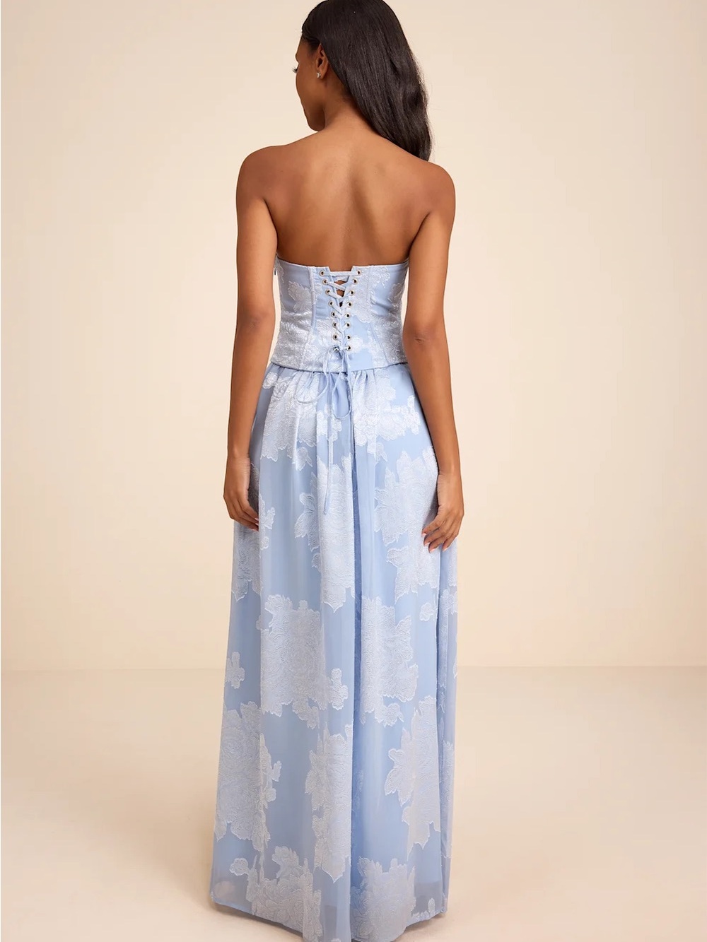 Lulu's Powder Blue Strapless Floral Jacquard Corset Gown - Picture 3 of 6